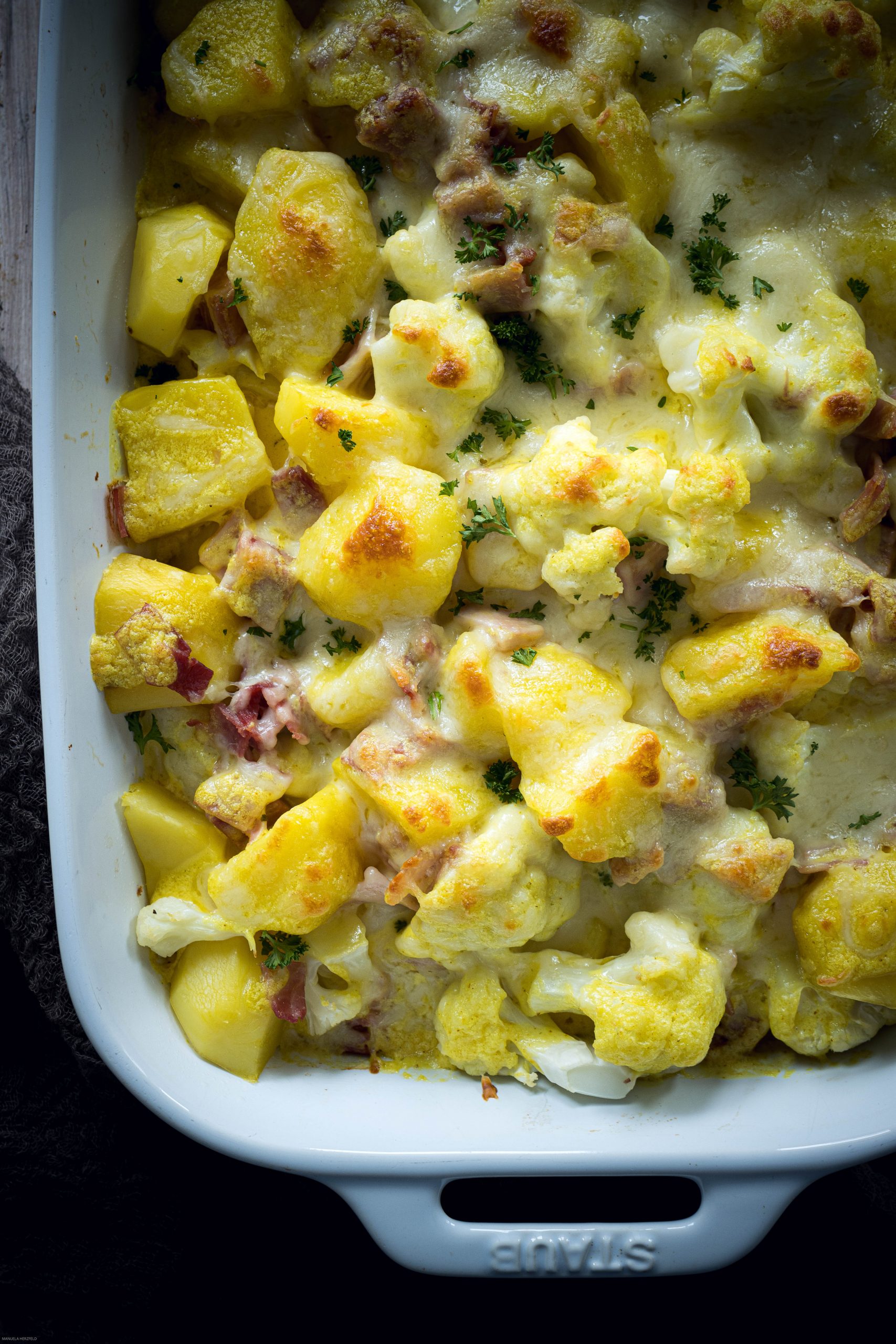 Blumenkohl- Kartoffel- Auflauf Mit Schinken- Sahne-soße Blumenkohl-Kartoffel-Auflauf mit Schinken und Curry-Hollandaise – Food