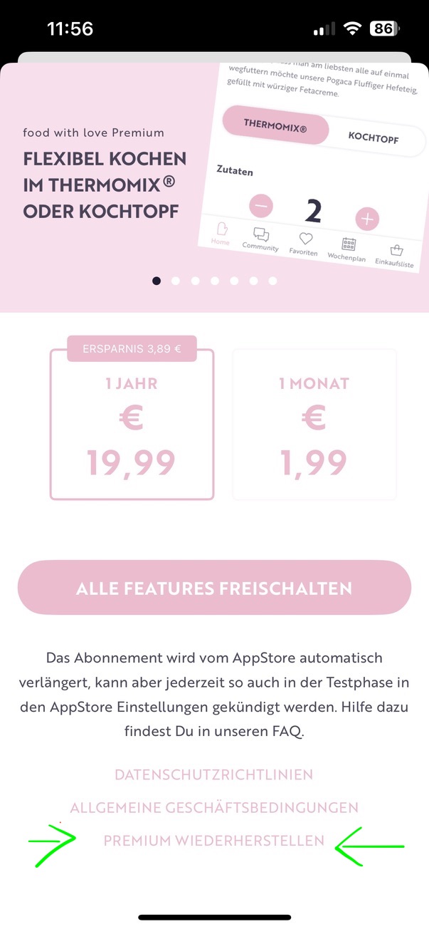 App Screenshot für Premium wiederherstellen Link